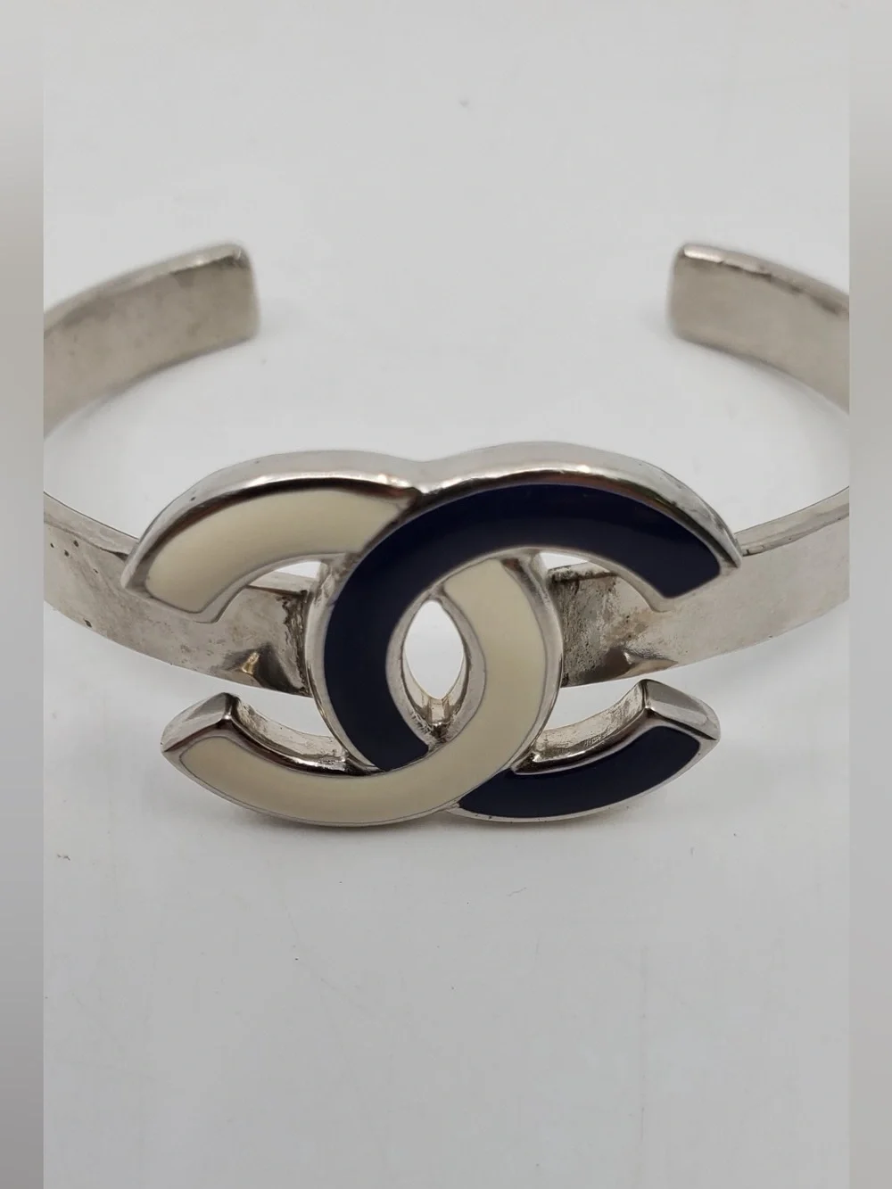 Chanel B15 Hammered Silver Tone Enamel CC Cuff Bracelet